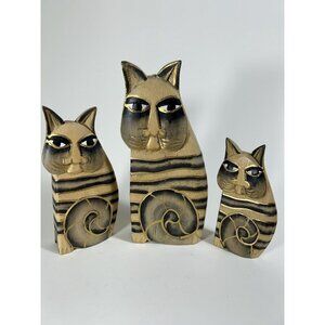 Laurel Burch Vintage Carved & Hand Painted Gold Black Siamese tabby Trio Of Cats